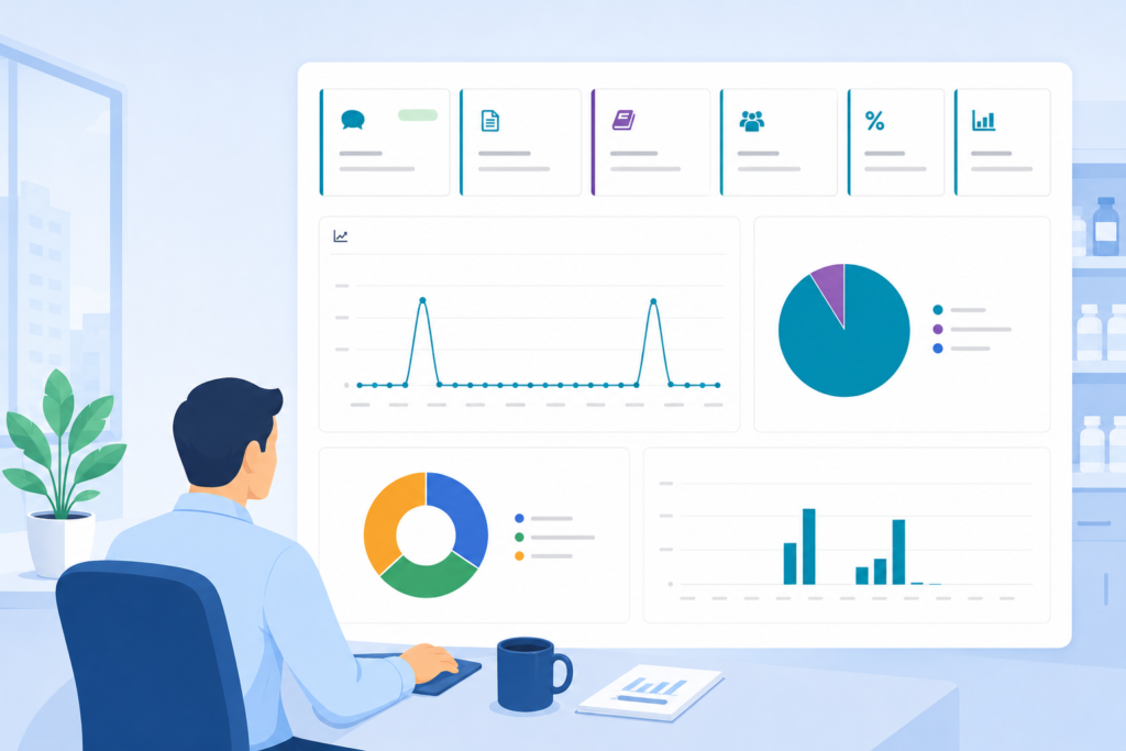 Pharmacy AI dashboard displaying operational trends and compliance insights for pharmacy teams.
