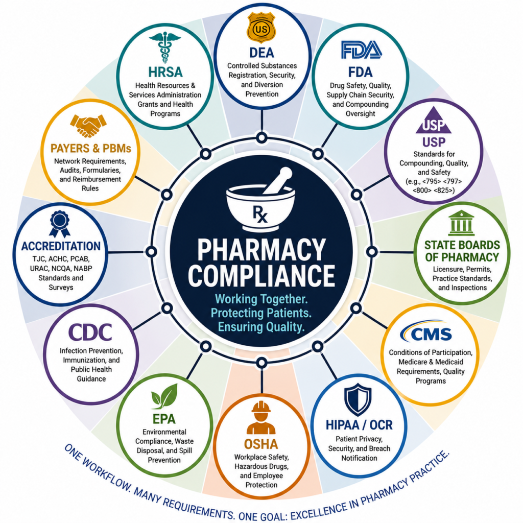 Diagram showing Pharmacy Compliance as the center of interconnected pharmacy regulatory agencies including DEA (Drug Enforcement Administration), FDA (Food and Drug Administration), USP (United States Pharmacopeia), CMS (Centers for Medicare & Medicaid Services), OSHA (Occupational Safety and Health Administration), EPA (Environmental Protection Agency), and HIPAA (Health Insurance Portability and Accountability Act).