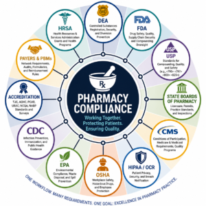 Diagram showing Pharmacy Compliance as the center of interconnected pharmacy regulatory agencies including DEA (Drug Enforcement Administration), FDA (Food and Drug Administration), USP (United States Pharmacopeia), CMS (Centers for Medicare & Medicaid Services), OSHA (Occupational Safety and Health Administration), EPA (Environmental Protection Agency), and HIPAA (Health Insurance Portability and Accountability Act).