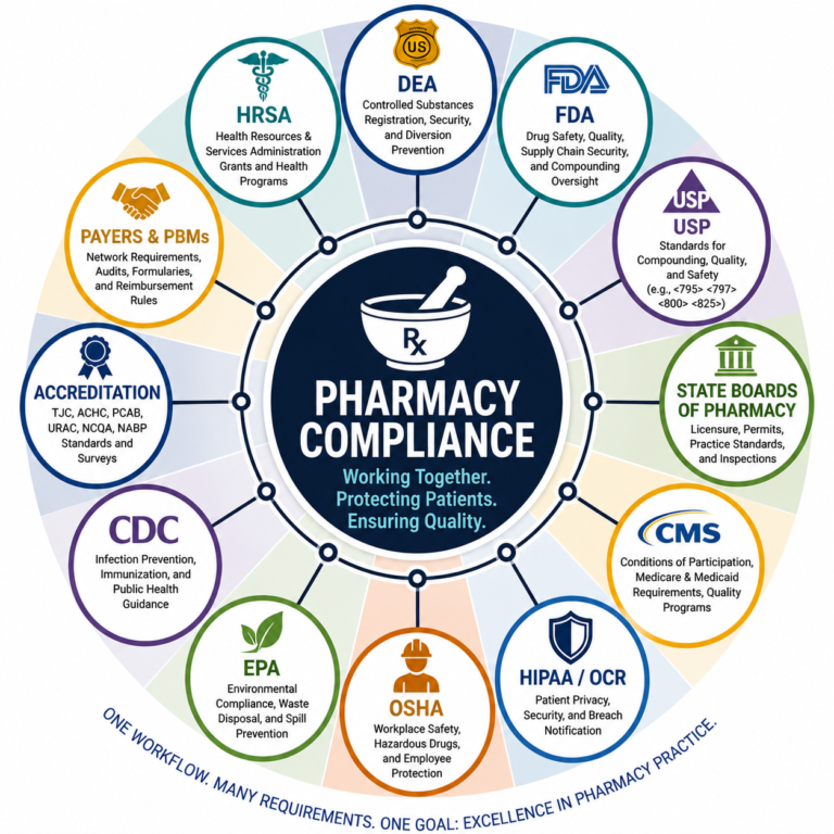 Diagram showing Pharmacy Compliance as the center of interconnected pharmacy regulatory agencies including DEA (Drug Enforcement Administration), FDA (Food and Drug Administration), USP (United States Pharmacopeia), CMS (Centers for Medicare & Medicaid Services), OSHA (Occupational Safety and Health Administration), EPA (Environmental Protection Agency), and HIPAA (Health Insurance Portability and Accountability Act).
