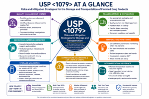 USP 1079 pharmacy storage and transportation workflow with continuous temperature monitoring, receiving inspection, and quality documentation.