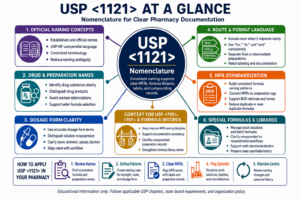 USP environmental monitoring infographic showing cleanroom control, microbial recovery, USP sampling plans, trending, investigations, and pharmacy QMS connections.