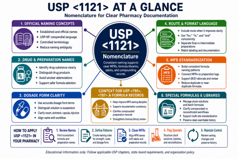 USP 1121 nomenclature infographic showing pharmacy naming standards connected to MFRs, dosage forms, formula libraries, labels, and compounding records.