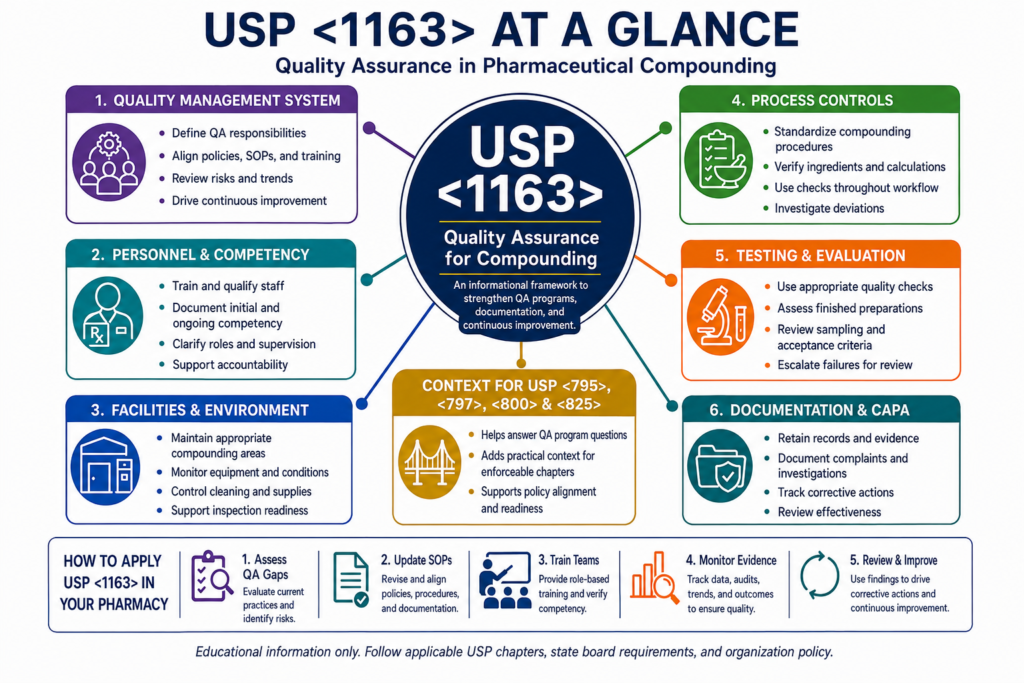 USP 1163 quality assurance infographic covering personnel, facilities, process controls, testing, documentation, CAPA, and pharmacy implementation steps.