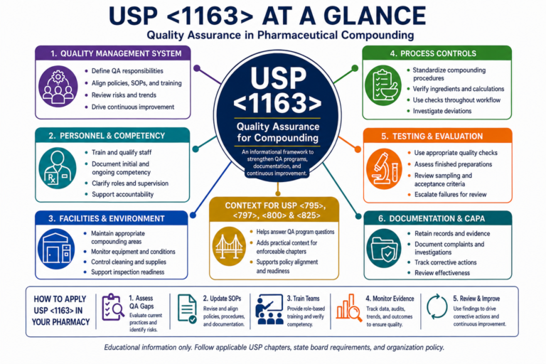 USP 1163 quality assurance infographic covering personnel, facilities, process controls, testing, documentation, CAPA, and pharmacy implementation steps.