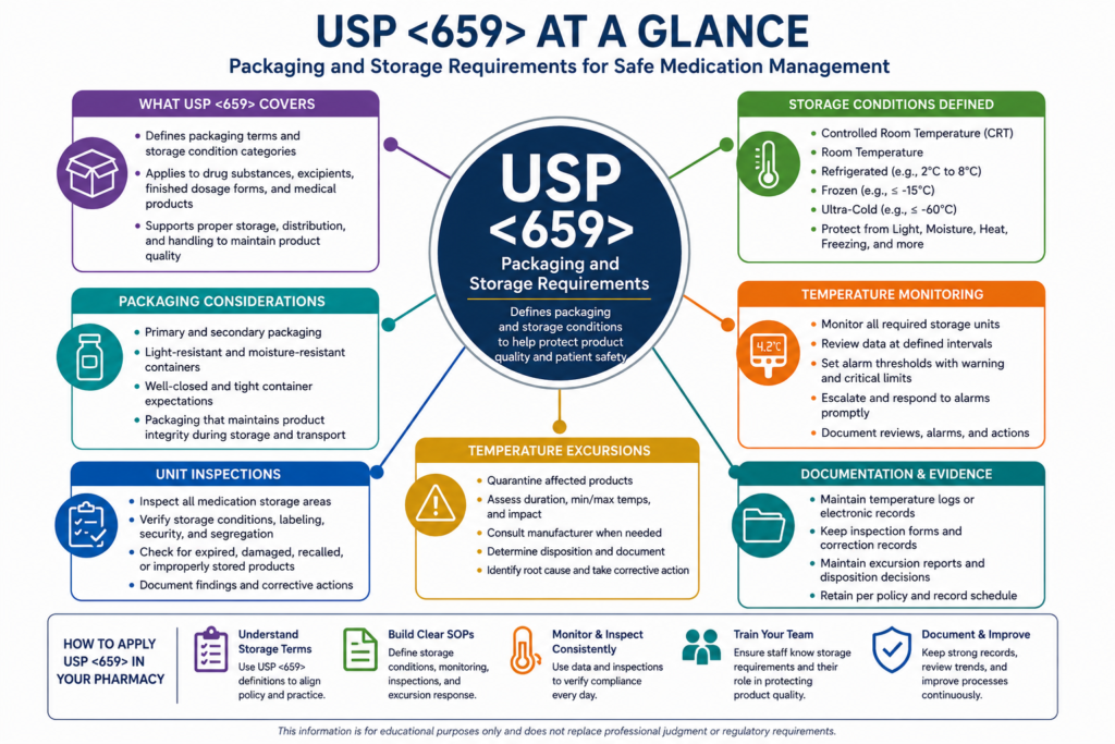 USP 659 packaging and storage requirements infographic showing medication storage conditions, temperature monitoring, packaging integrity, light protection, moisture control, and temperature excursion response for pharmacy compliance.