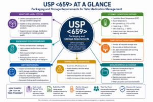 USP 659 packaging and storage requirements infographic showing medication storage conditions, temperature monitoring, packaging integrity, light protection, moisture control, and temperature excursion response for pharmacy compliance.