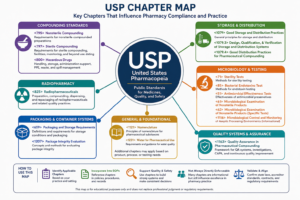 USP chapters (USP 797, USP 795, UPS 800) for pharmacy compliance map showing compounding, storage, microbiology, radiopharmacy, and quality system topics.