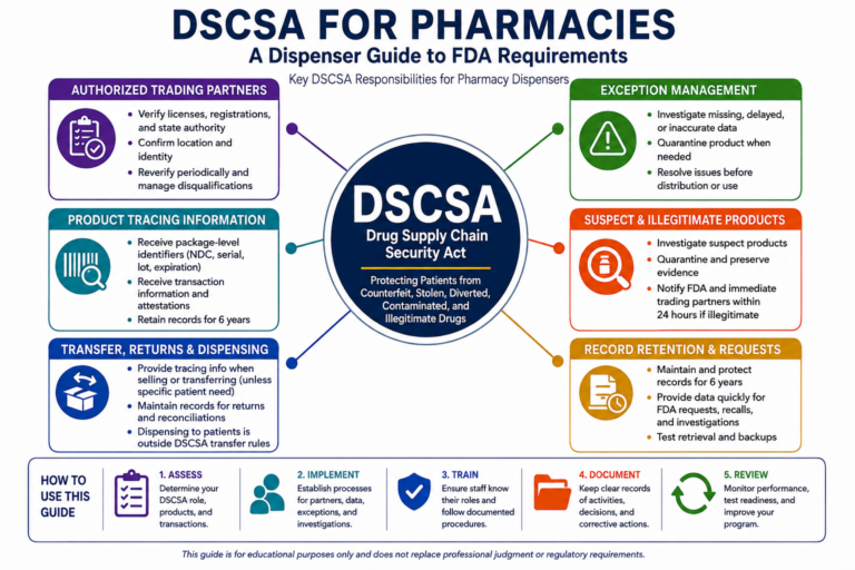 DSCSA for pharmacies dispenser guide showing FDA requirements for product tracing, trading partners, exceptions, suspect products, and record retention.