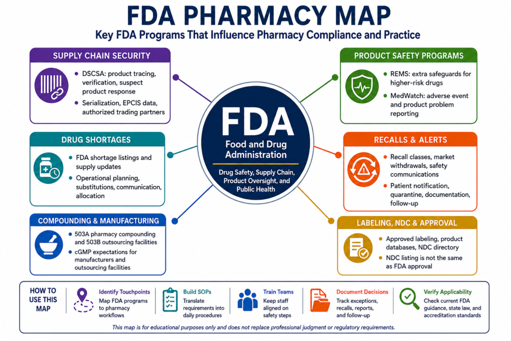 FDA pharmacy compliance map showing key FDA programs that affect pharmacies, including DSCSA, REMS, recalls, drug shortages, compounding, MedWatch, labeling, NDC, and product approval.