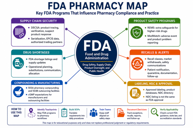FDA pharmacy compliance map showing key FDA programs that affect pharmacies, including DSCSA, REMS, recalls, drug shortages, compounding, MedWatch, labeling, NDC, and product approval.
