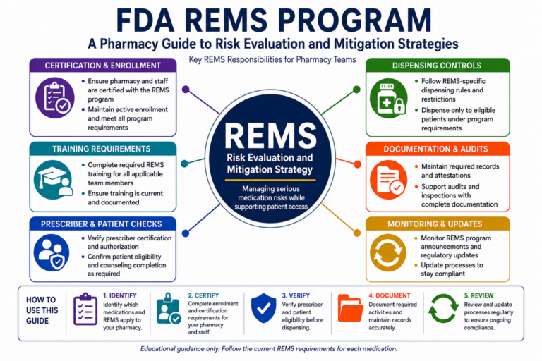 FDA REMS program pharmacy compliance guide covering certification, staff training, patient verification, dispensing controls, documentation, and ongoing monitoring.