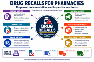 Drug recalls for pharmacies workflow showing recall notice review, quarantine, product tracing, safety alerts, market withdrawals, and documented closure.