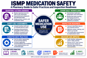 ISMP medication safety infographic showing Action Agendas, self-assessments, targeted best practices, and five steps for improving pharmacy practices.