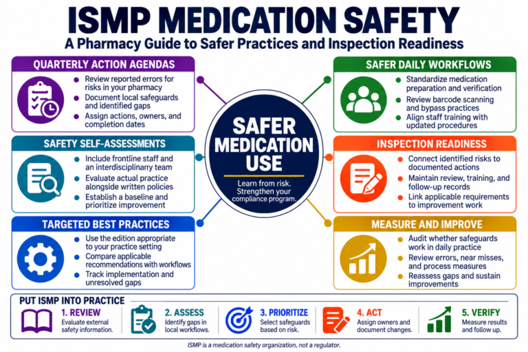 ISMP medication safety infographic showing Action Agendas, self-assessments, targeted best practices, and five steps for improving pharmacy practices.