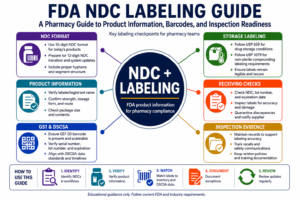 FDA NDC labeling guide infographic showing pharmacy compliance checkpoints for NDC format, product information, GS1 and DSCSA data, storage labeling, receiving checks, and inspection evidence.