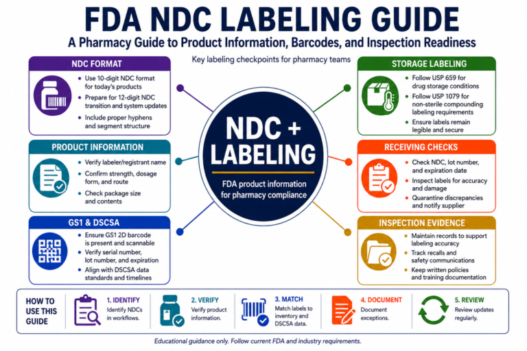 FDA NDC labeling guide infographic showing pharmacy compliance checkpoints for NDC format, product information, GS1 and DSCSA data, storage labeling, receiving checks, and inspection evidence.