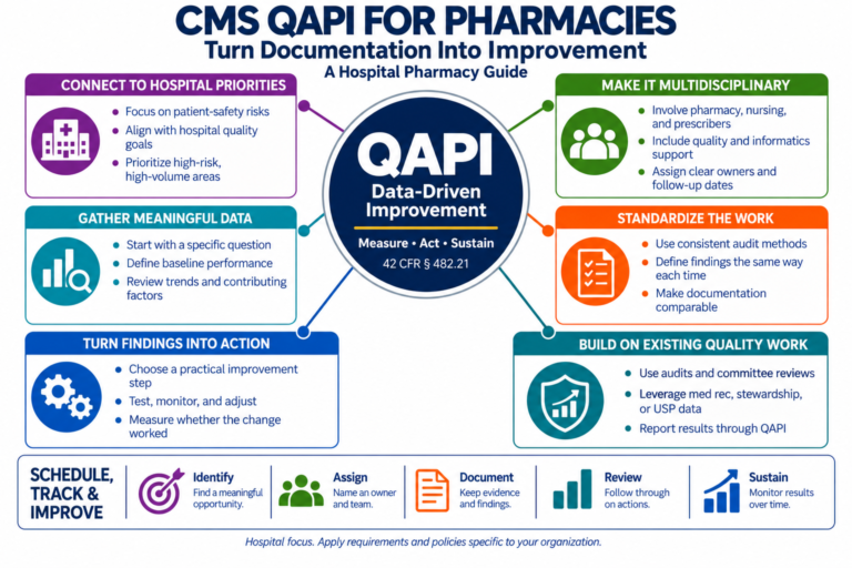 CMS QAPI for hospital pharmacies infographic illustrating quality assessment and performance improvement under 42 CFR § 482.21
