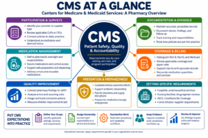CMS pharmacy infographic summarizing participation and surveys, medication management, quality improvement, documentation, billing, setting-specific requirements, and emergency preparedness.